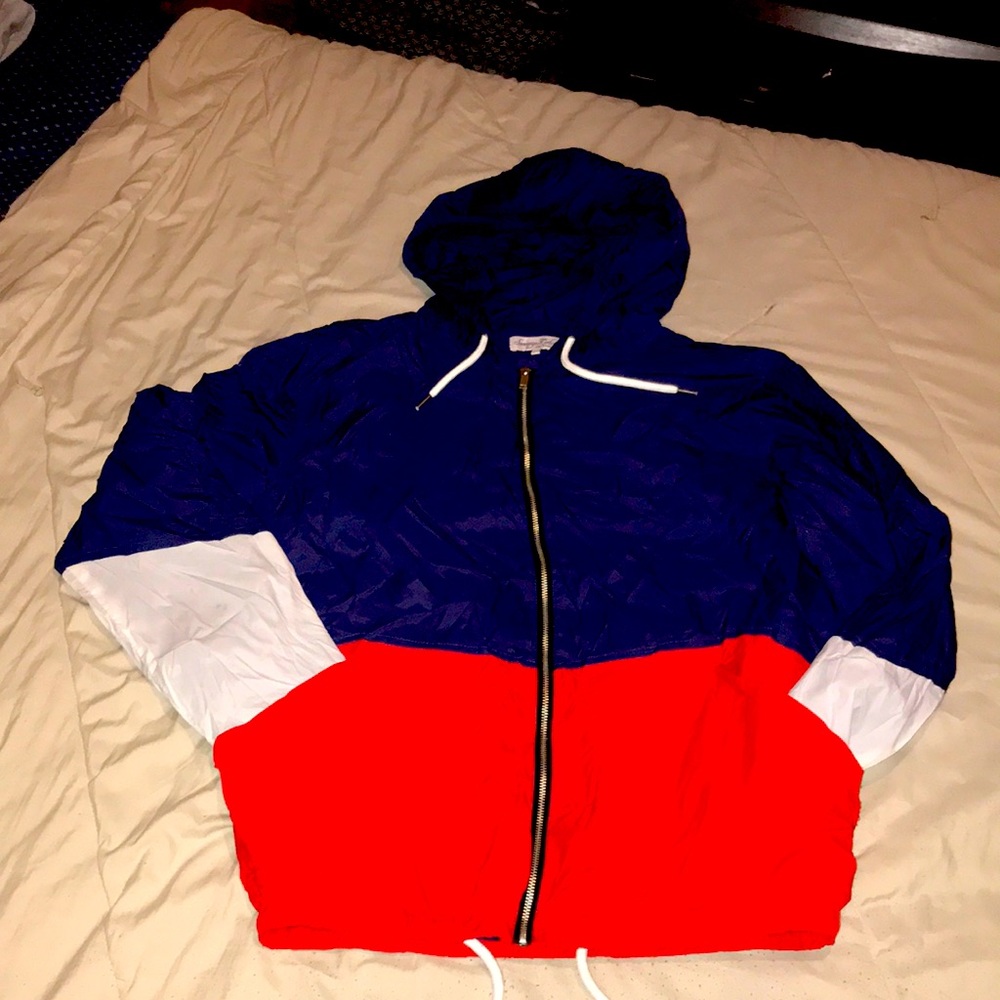 WINDBREAKER Navy blue red white hooded zip up